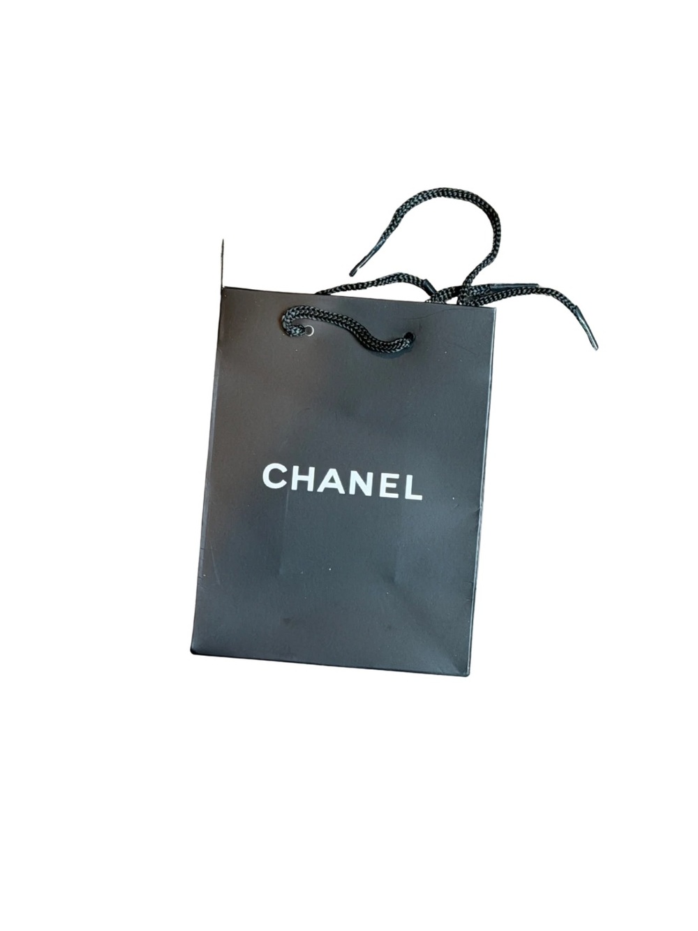 CHANEL Black Paper Gift Bag with White Logo and Rope Handles